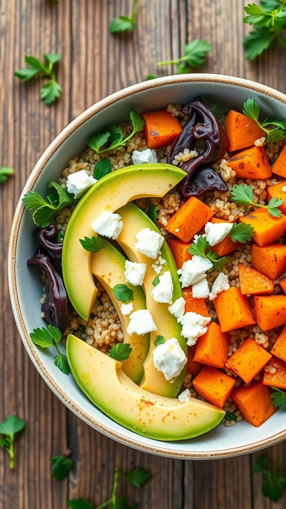 A nutritious quinoa and sweet potato bowl with greens, feta, and avocado on a rustic table.